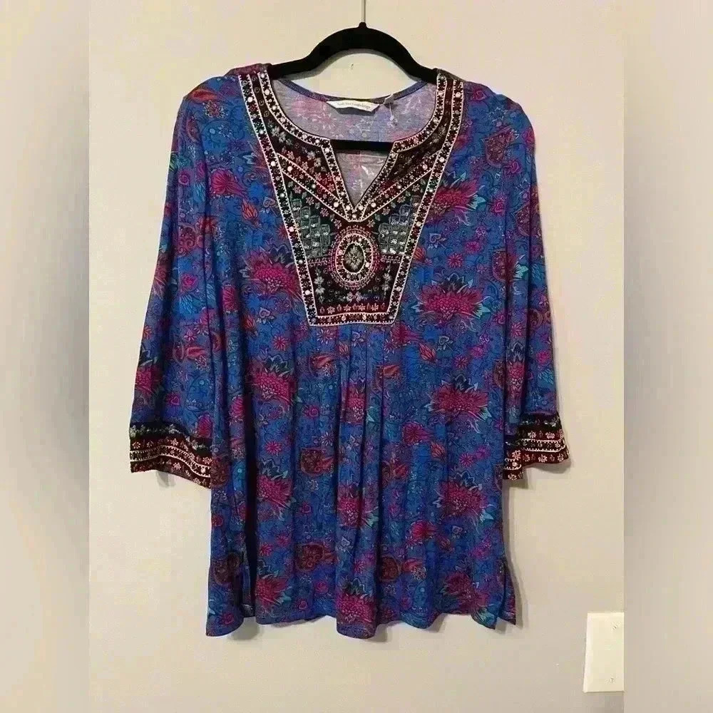 Soft Surroundings Tamuri Embroidered Tunic Bohemian Style Top Size PM